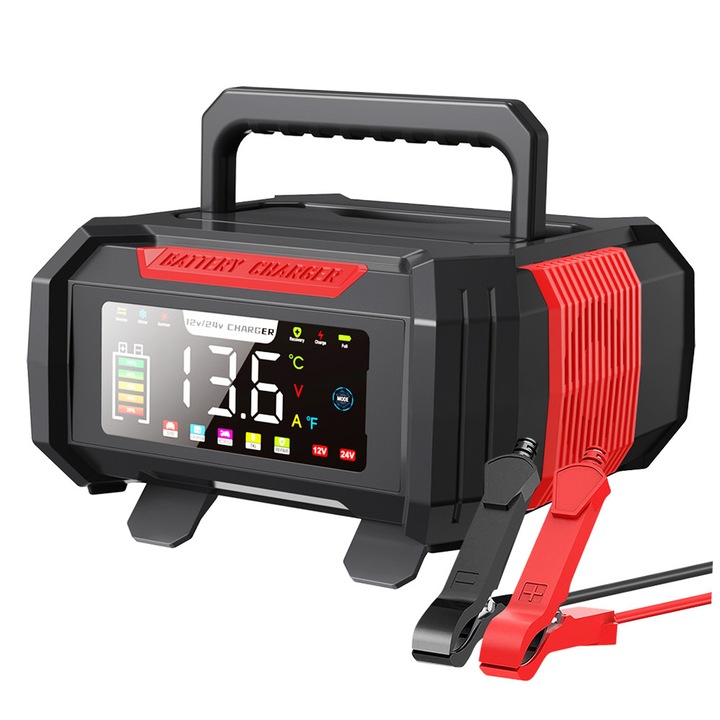Redresor auto digital, DC12V15A, 2-200Ah baterie cu plumb-acid, Functie de reparare acumulator prin impulsuri, Incarcare baterii cu afisaj LCD, Inteligent, Auto, Moto, Camion, Negru, Rosu