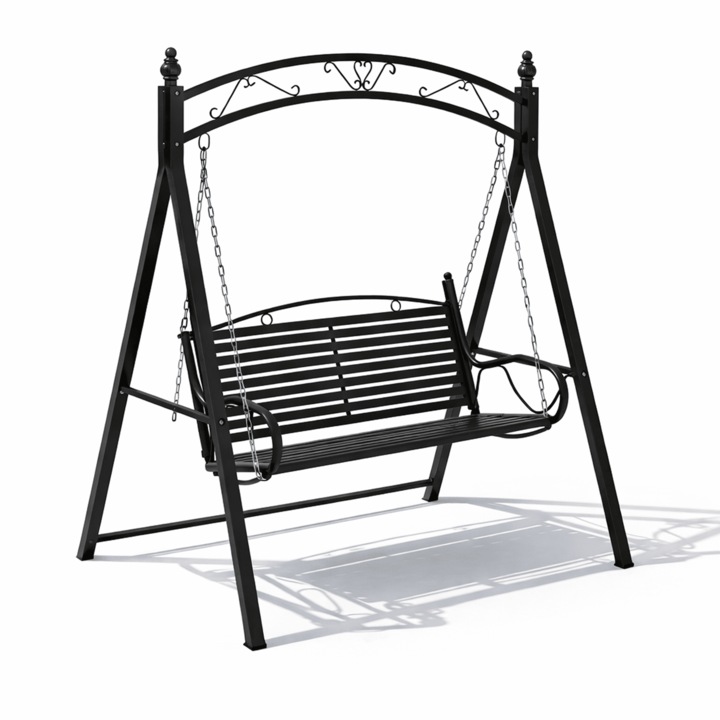 Leagan Gradina Metalic 2 Persoane, TOPSCAUNE®, Balansoar Gradina 125x100x165 cm, Cadru Fier Vopsit Pulbere Anti-Rugina, Design Modern Cu Cotiere Confortabile, Montaj Rapid Cu Lanturi Reglabile, Leagan Gradina Negru Elegant, Balansoar Gradina Rezistent