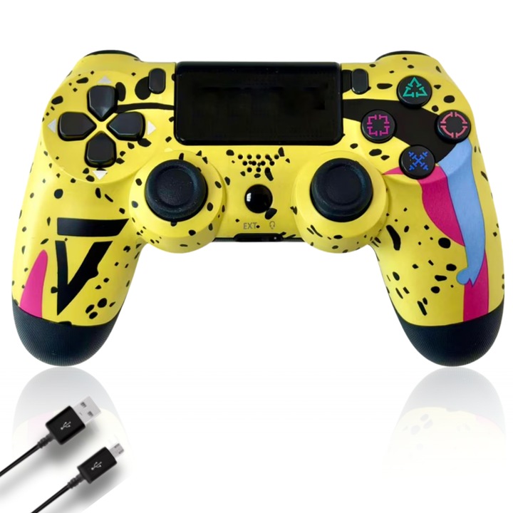 Безжичен контролер Doubleshock, LuckyLu®, с вибрации, включен кабел за зареждане, съвместим с PS4, PS-TV и PS Now, жълти графити