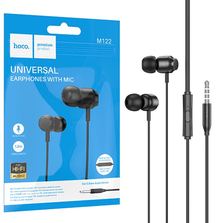 Слушалки с кабел Hoco M122, In Ear, HiFi, черни, 3.5 мм, 1.2 м