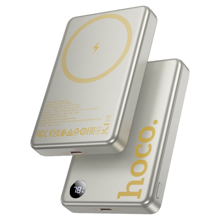 Baterie tip MagSafe HOCO Q34, Wireless Charging 20W PD QC3.0, 10.000mAh, Auriu