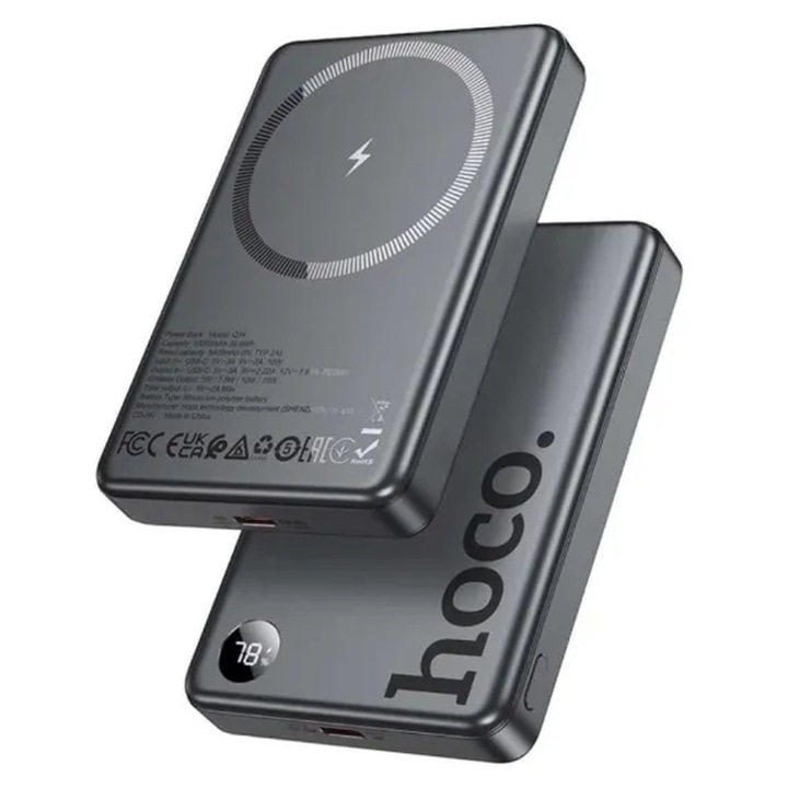 Baterie tip MagSafe HOCO Q34, Wireless Charging 20W PD QC3.0, 10.000mAh, Gri