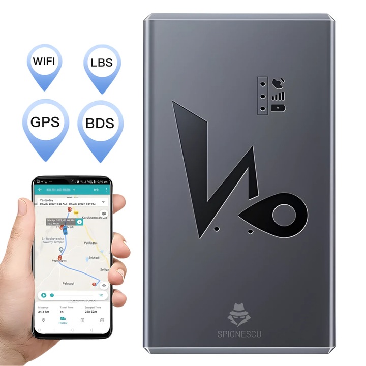 GPS Tracker, Q9, Spionescu, 4G, magnet puternic, localizare globala, alarma anti-furt, urmarire in timp real, aplicatie smartphone, baterie 3000 mAh, negru