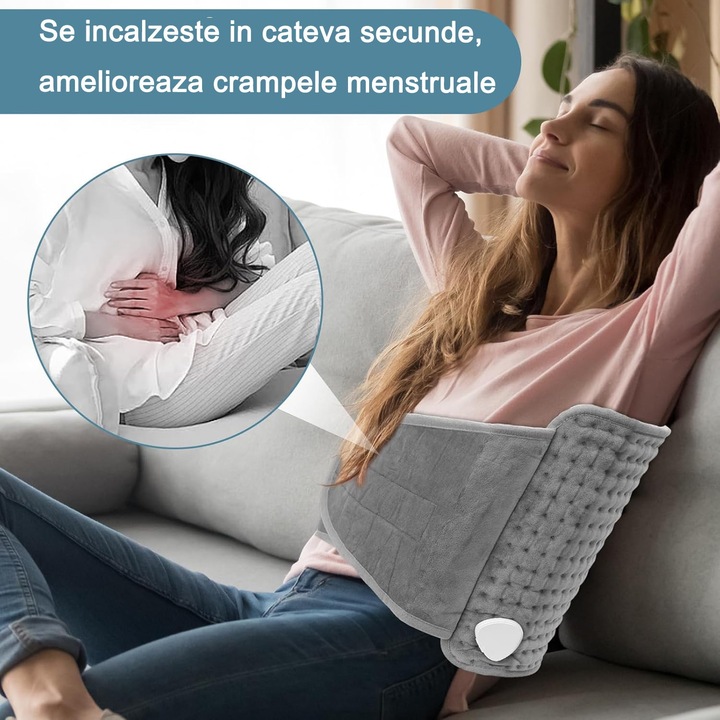 Centura electrica, Incalzire rapida, Protectie la supraincalzire, Perna electrica pentru spate, gat, umeri, 9 trepte de incalzire, 4 niveluri de temporizare, Moale, 30x60cm, Plush, Gri
