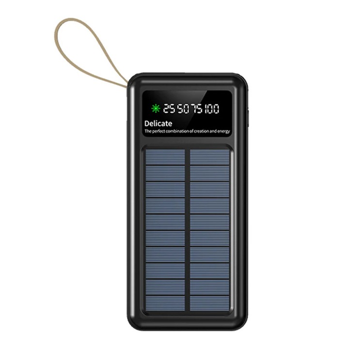 Power Bank Solar, aLFTEC, 10000mAh, 4 beépített kábel, Fekete