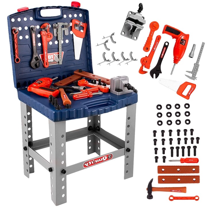 Set atelier de lucru KinderSafe, 56 accesorii, cu bormasina, pliabil, multicolor