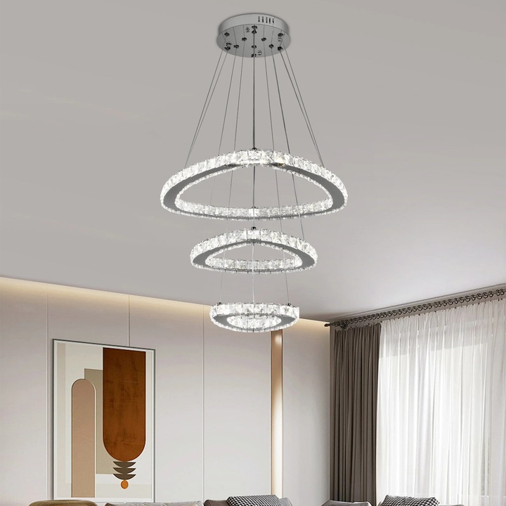 Lustra LED Suspendata cu Telecomanda si Cristal PRISM LUMORA, 63W, Diametru 35+50, Inaltime 100, IP20, Lumina Rece/Neutra/Calda, Dimabila, Argintiu, Cristal, Metal