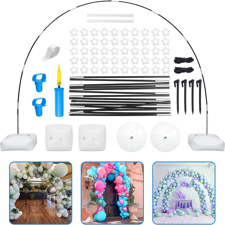 Комплект арка за балони и помпа за балони, Bedee®, Извита стойка за балони, С основа, За многократна употреба, Регулируема с 2.2 м височина и 3 м ширина, За сватба, рожден ден, бебешко парти, декорация за фестивал