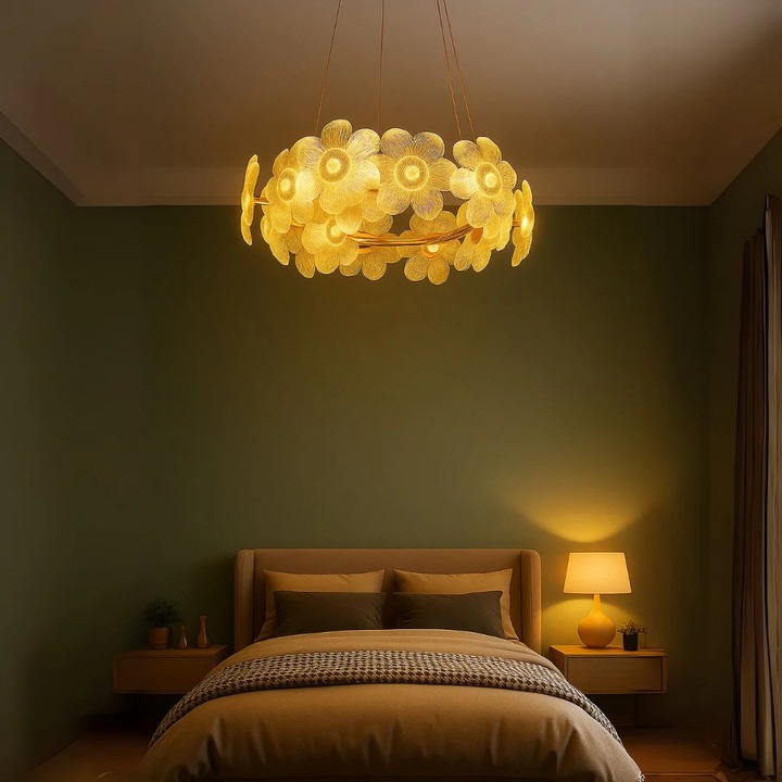 LED кристален полилей, Cadenza Allegro 40W, Диаметър 48см, Регулируема височина, Златист, Топла/Студена/Неутрална светлина 3000K/4000K/6000K, Метал и кристал