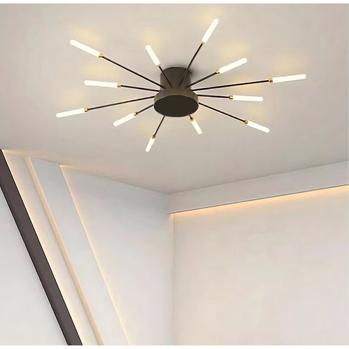 Lustra LED moderna cu 12 brate metalice, Zola, 12 W, 1350 lm, alb neutru, 4000K, 77 x 57x 7.5 cm, negru/auriu