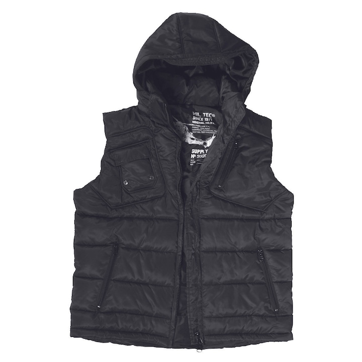 MIL-TEC férfi sportmellény, steppelt, levehető kapucni, 4 zseb, fekete