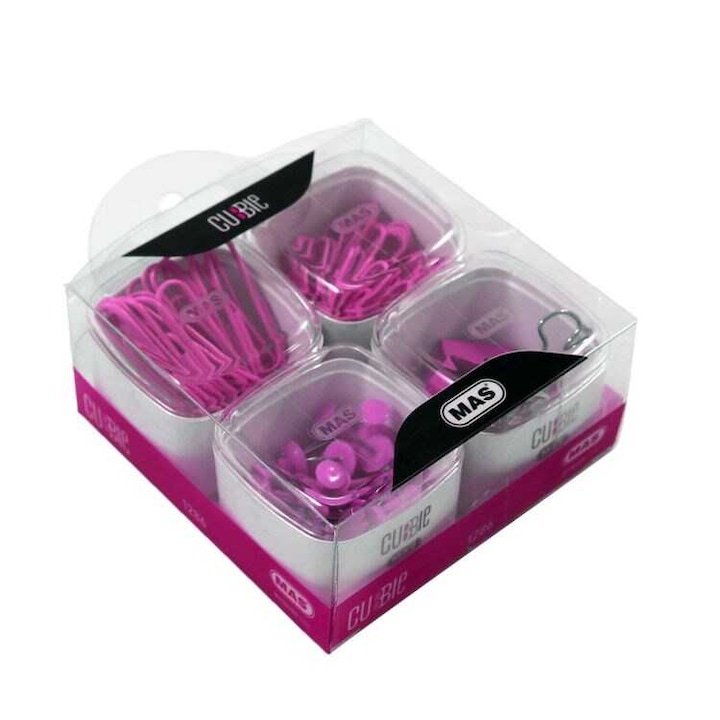 Set accesorii de birou, Mas, agrafe colorate, pioneze curvie, roz, 100 bucati