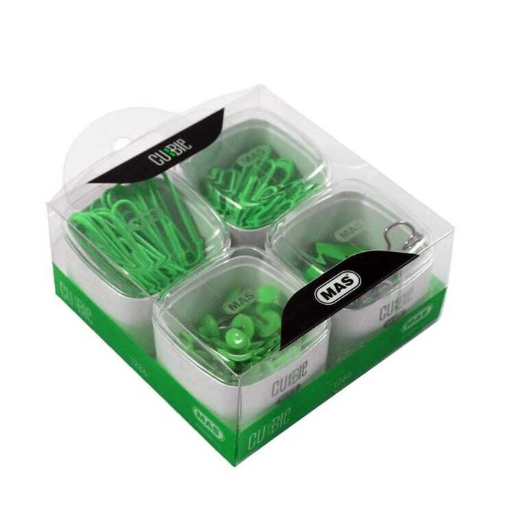 Set accesorii birou, Mas, agrafe colorate și pioneze curvă, verde, 100 bucati