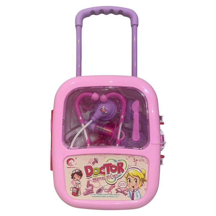 Troller jucarie cu accesorii doctor – geanta medicala cu roti si maner retractabil, 3+ ani