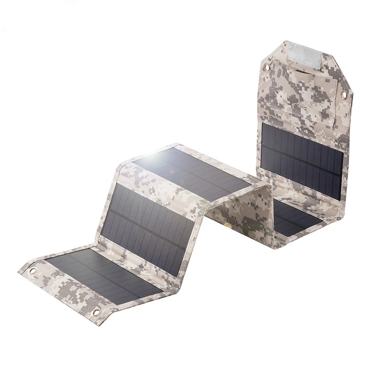 Panou de incarcare solara, 12 W, iesire USB unica de 5 V, compact si portabil, rezistent la apa, camuflat
