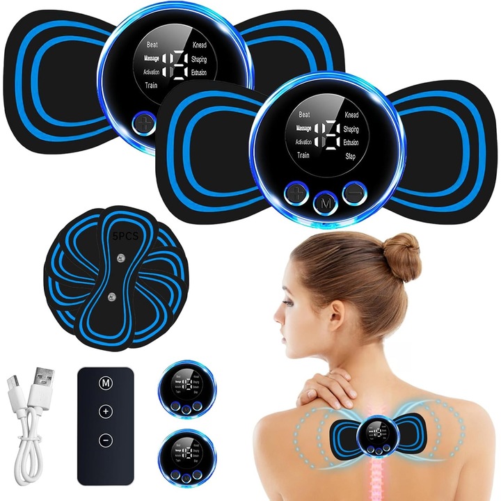 Mini aparat de masaj cervical, Electromagnectic cu 8 moduri, 19 niveluri, 5 pernute de masaj, Masaj cu telecomanda, Massage devices，intensitate reglabila, Portabil, LCD, USB, pentru ameliorarea durerilor musculare, Negru/Albastru