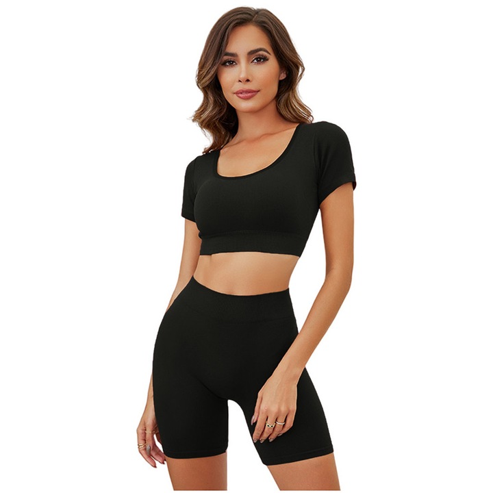 Set fitness 2 piese, top cu maneca scurta si colanti scurti XXP-8910negru 104622, Negru, One Size