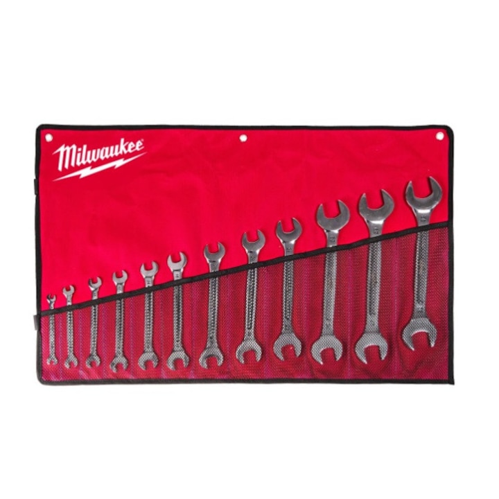 Set scule Milwaukee, 12 buc, chei deschise, metal, carcasa din tesatura