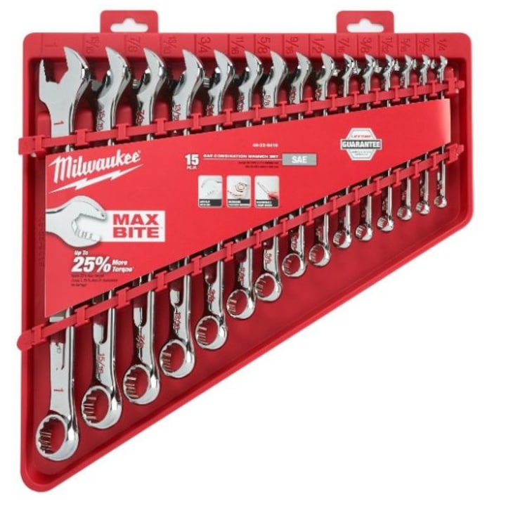 Set scule Milwaukee, chei combinate 15 buc, dimensiuni 11/16x11/32x1/2x1/4x15/16x3/4x3/8x5/8x7/16x9/16x9/32 inch, ambalaj blister