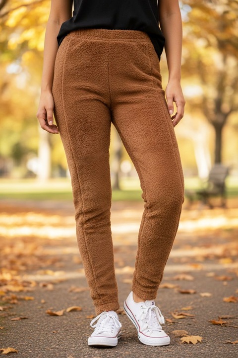 Pantaloni imblaniti, dama, din blana de nurca ecologica, StarFashion, foarte caldurosi, elastici, marime universala, bej