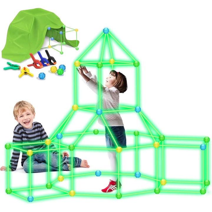 Cort de joaca pentru copii, AKKEE®, Set cort DIY pentru copii, Cort interactiv, instalare Usoara, dezvolta gandirea, constructie stabila, pentru Interior/Exterior, Potrivit pentru copii 3-7 ani, Verde