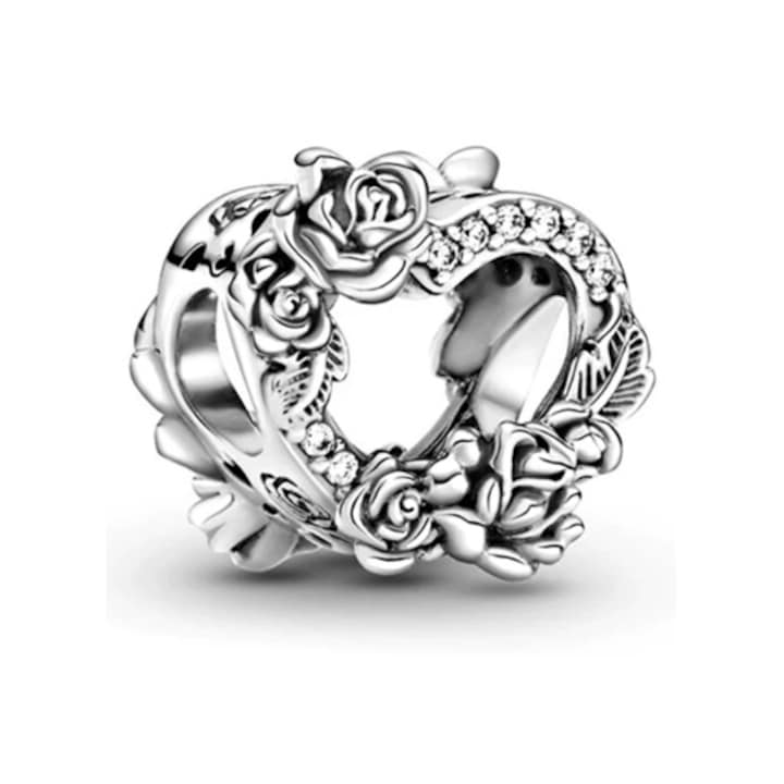 Pandantiv argint 925 cu inimă și floare de trandafir, set bijuterii pentru brățară și colier, 2, 6x0, 9cm