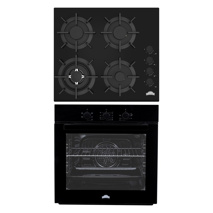 Pachet Cuptor incorporabil electric si plita gaz Duo Glass Black Star, Nuova Cucina, 60 cm, Curatare catalitica, 6 functii, Ventilator, Clasa A, Sticla neagra