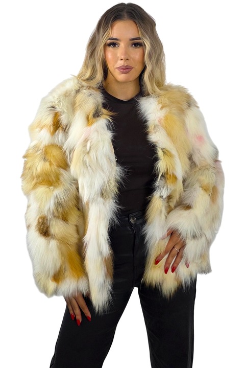 Jachetă femei, FY FashionForYou, Blană naturală Vulpe, Crem/Bej, S/M/L, cu buzunare laterale