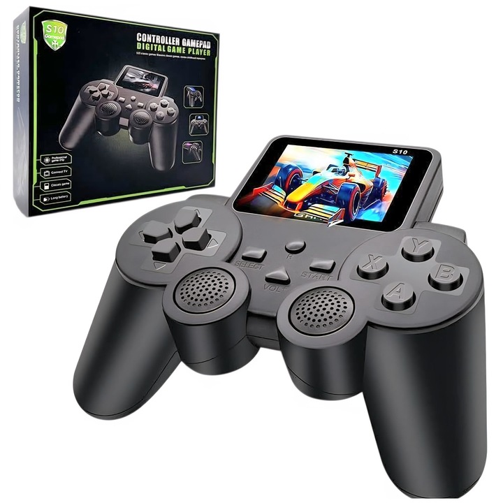 Jucarie Consola Portabila 520 jocuri clasice integrate, model Retro S10 "Gamer Pro", 2-in-1 Gamepad & Player Digital, Ecran color, Suport AV Out si Baterie de Lunga Durata