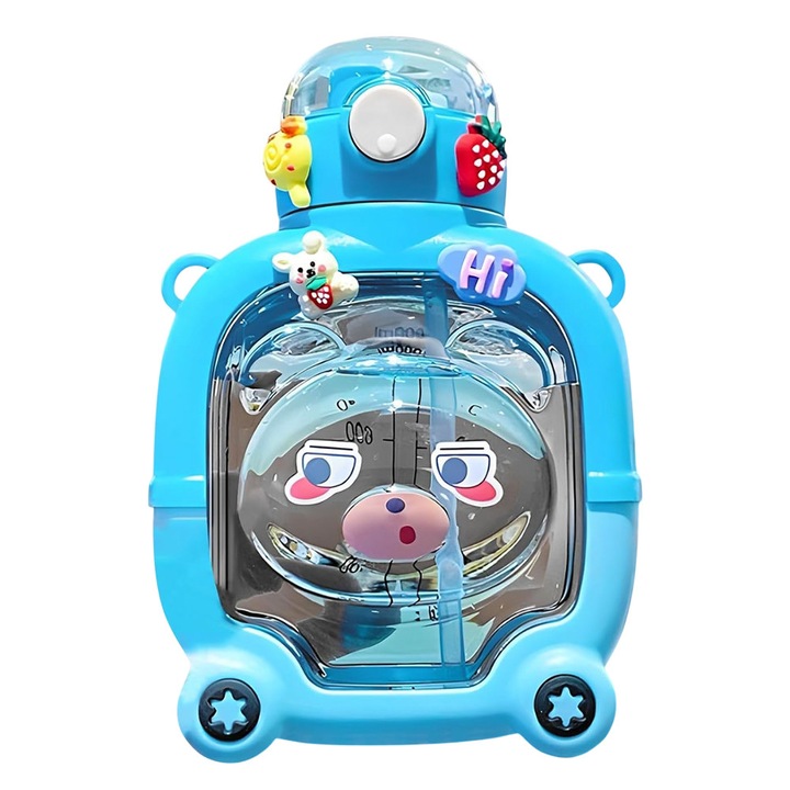Sticla cu Pai pentru Copii 1l, Gradata, cu Stickere, Curea Reglabila, din Plastic Rezistent, 20 x 13 cm, Albastru