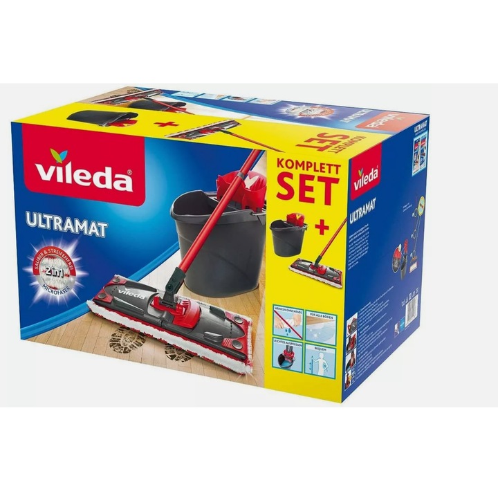 Set curățenie Vileda Ultramat 2-in-1, mop plat și găleată, multicolor