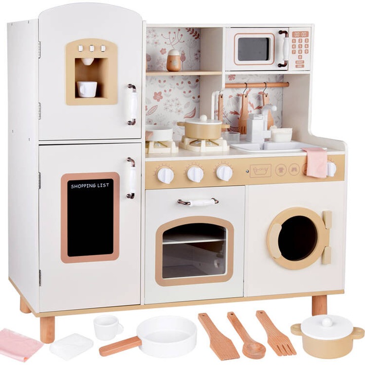 Ретро флорален комплект кухненски аксесоари KinderVibe™ за деца, естествено дърво, горелки на батерии, фурна, мивка, пералня, инструменти за готвене, 91 CM височина, кремав