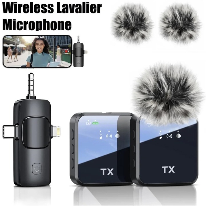 Microfon lavalier wireless 3in1 pentru camera, iPhone, Android, reducere zgomot