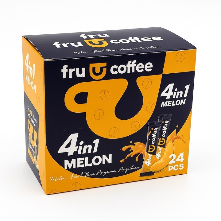 Cafea instant cu pepene galben, 4 in 1, 24 plicuri x 19 g, FruCoffee