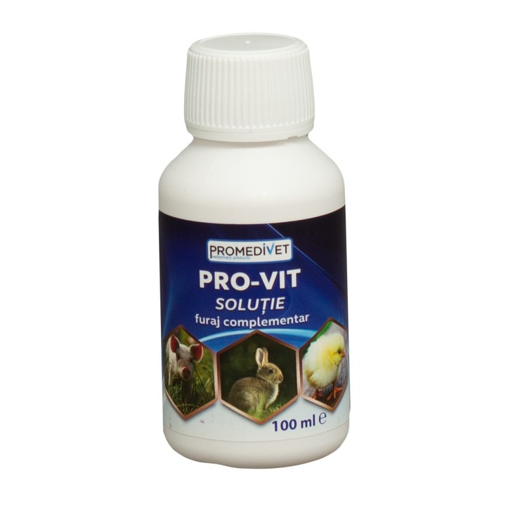 Supliment nutritiv Pro-Vit Complex, PROMEDIVET, 100 ml, pentru controlul deficiențelor vitaminice, utilizare pentru pasări de curte, porcine, rozătoare
