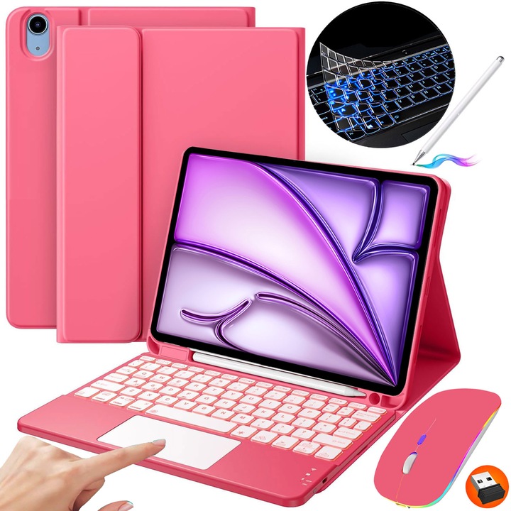 Husa Cu Tastatura Touchpad, JODAKOR®, Pentru iPad Air 11 inch (M2, 2024/M3 2025) si Air 4/5 Gen., Fara fir, Bluetooth, Iluminare De Fundal in 7 Culori, Cu Stilou, Mouse, Membrana Din Silicon Pentru Tastatura, rosu