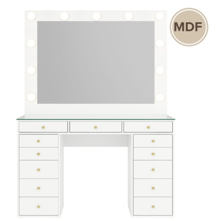 Masa Machiaj Profesionala Biralfie, Masa make-up, Masa Machiaj cu Oglinda, Masuta toaleta, Masa cosmetica, Masa Vanity, model Andreea, MDF alb lucios, 13 sertare, Oglinda LED, 160x50x170 cm