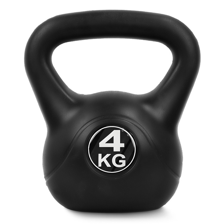 Greutate kettlebell, 4FIZJO, 4 kg, antrenament functional, forta, stabilitate, coordonare, exercitii full-body, maner ergonomic, baza stabila, umplere bituminoasa silentioasa, ideala pentru swing, ghemuit, ramat, HIIT, model compact, negru