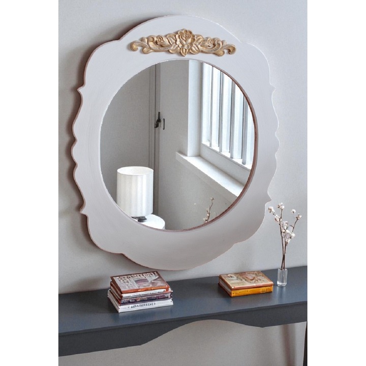 Oglinda decorativa alba cu ornament auriu antichizat, verticala, pictata manual, 40x50 cm