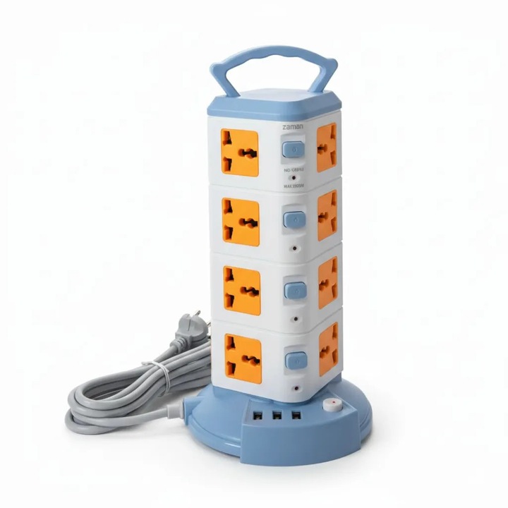 Prelungitor Vertical cu 16 Prize si 3 Porturi USB, Protectie la Suprasarcina, Putere 2500W