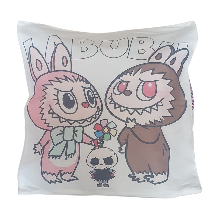 Perna decorativa Labubu, 45x45cm, alb, moale, pufoasa