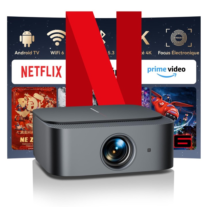 Videoproiector Android Licentiat Netflix ZOOMCAT®, Hifi Speaker, Wifi 6, 800 ANSI, 25000 lumeni cu focalizare automata, Bluetooth 4K Home Cinema, corectie trapezoidala automata