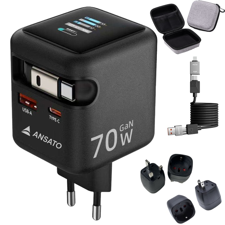 Мрежово зарядно устройство ANSATO, Цифров дисплей, Бързо зареждане на 3 устройства, Лаптоп, Телефон, iPhone, iPad, MacBook, Galaxy, Pixel, Смарт часовник, USB-C кабел, USB кабел 4-в-1, 2x адаптера за контакт UK/US и чанта за пътуване, 70W