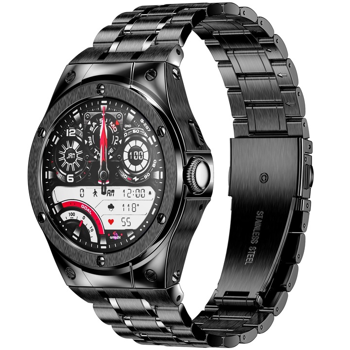 Curea si carcasa pentru Google Pixel Watch 2, Otel Inoxidabil, Ajustabila, Negru