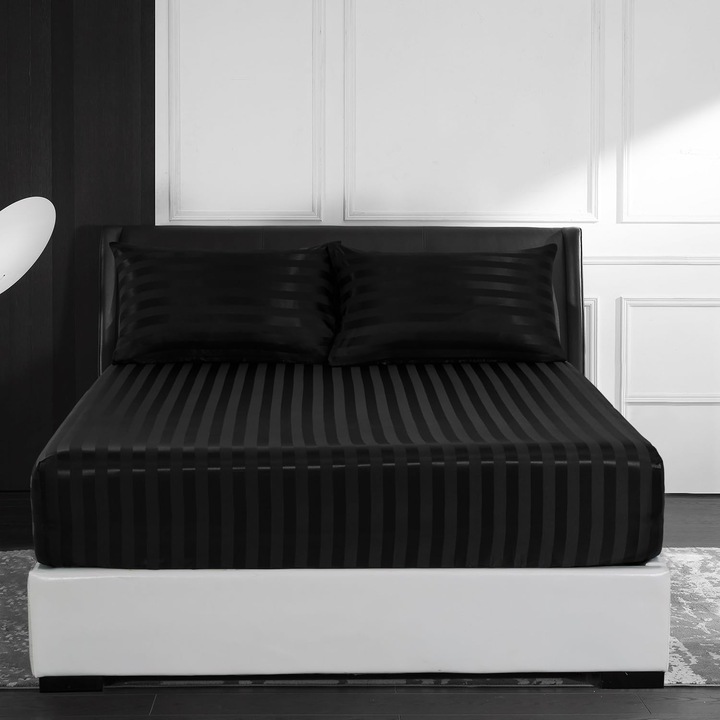 Cearceaf de pat satinat, negru lucios, 140x200 cm, cu elastic, pentru saltea pana la 30 cm, Oeko-Tex Standard 100