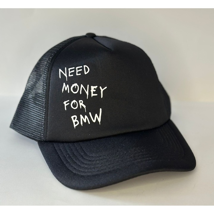 Sapca baseball, "NEED MONEY FOR BMW", ajustabila, unisex, model cu plasa pentru o aerisire foarte buna, pentru drumetii, sport, alergat, fashion, negru