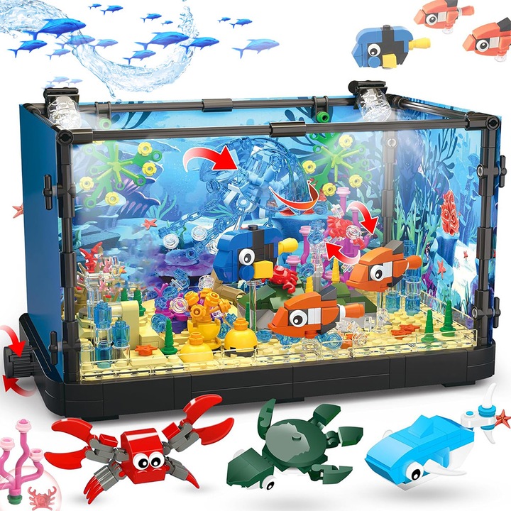 Комплект блокове за изграждане на аквариум, Bedee, 788 части, ABS, Подобрява координацията око-ръка, със светлини и въртящи се блокове за изграждане, комплект играчки + рак + костенурка + акула, Подарък за фестивал, син