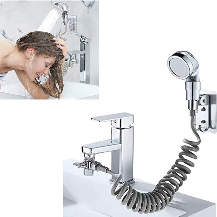 Set de dus extensibil LuckyLu, furtun flexibil, suport de perete, argintiu