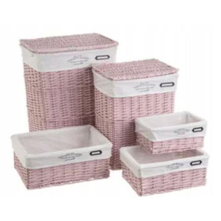 Set 5 cosuri de depozitare, Westwing, roz, din ratan, pentru organizare si pastrare