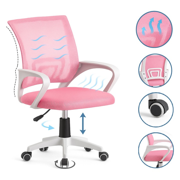 Офис стол Mobplayers Selly, Розово, Мрежа, Текстил, Въртящ се, Регулируем по височина, Баланс